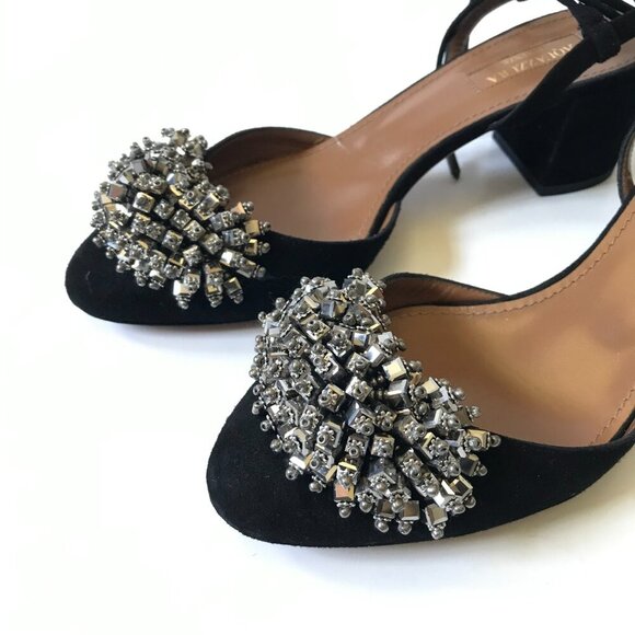 Aquazzura Monaco Pumps 50 Heels Womens 37 7 Black Suede Crystals Lace Up Sandals - Picture 5 of 12